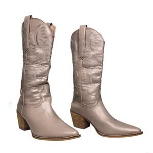 Classic Women's Knee-High Heeled Cowboy Boots - Taupe